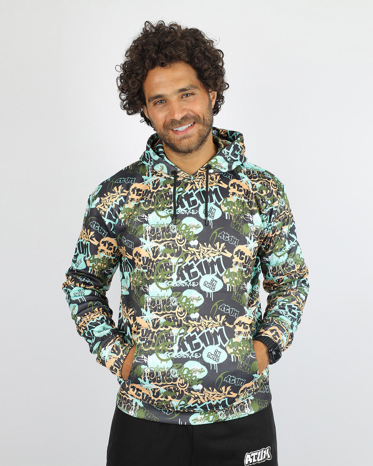 Allover Printed Black Hoodie-Atum -89858801