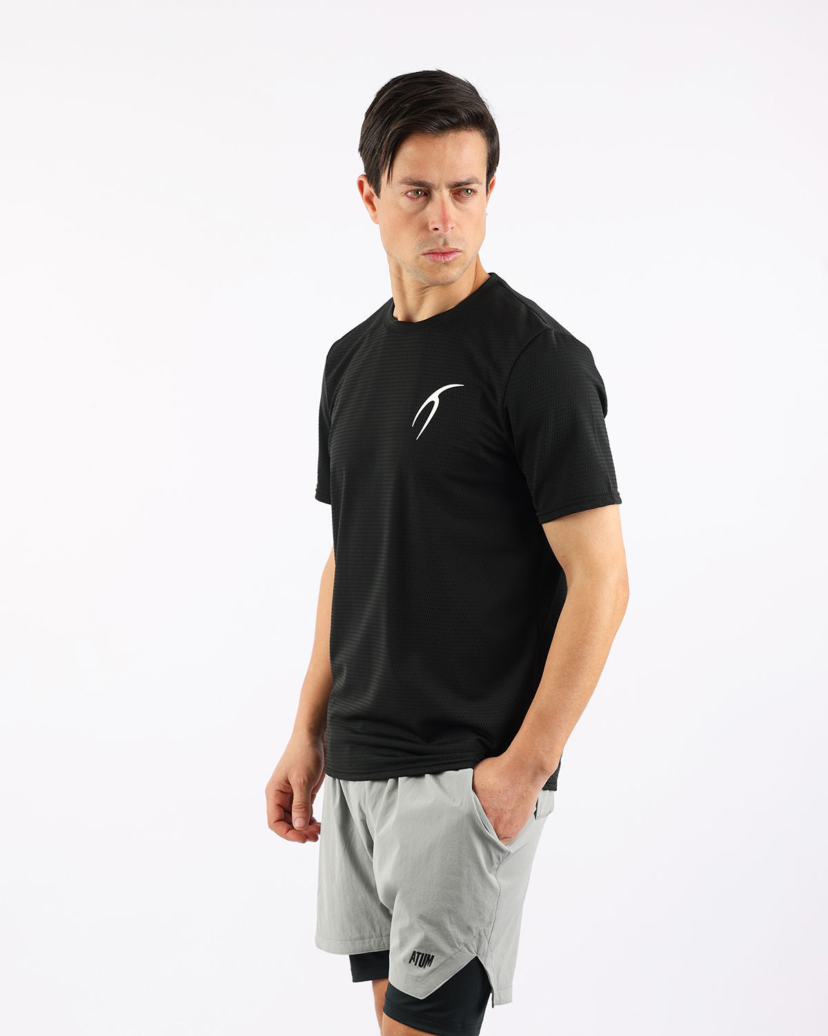 Crew Neck Short Sleeve Black Athletic Top-Atum -74173963