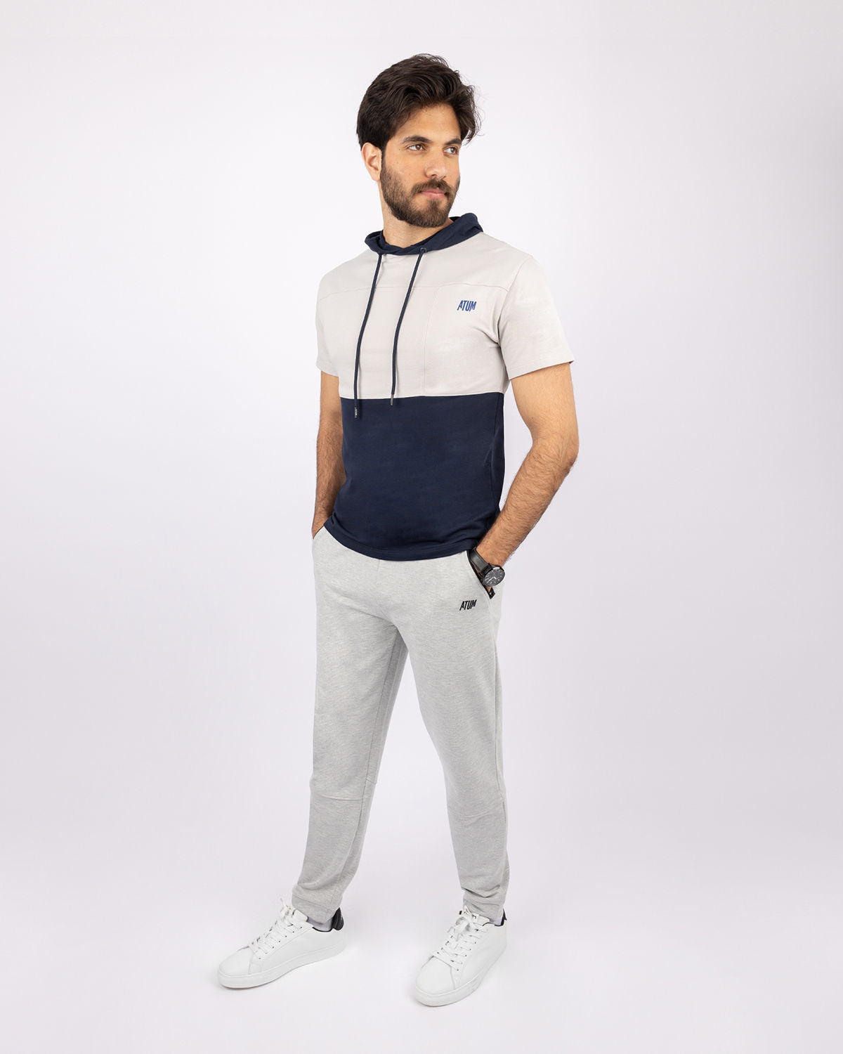Half Sleeve Light Gray Hoodie-Atum -68802866