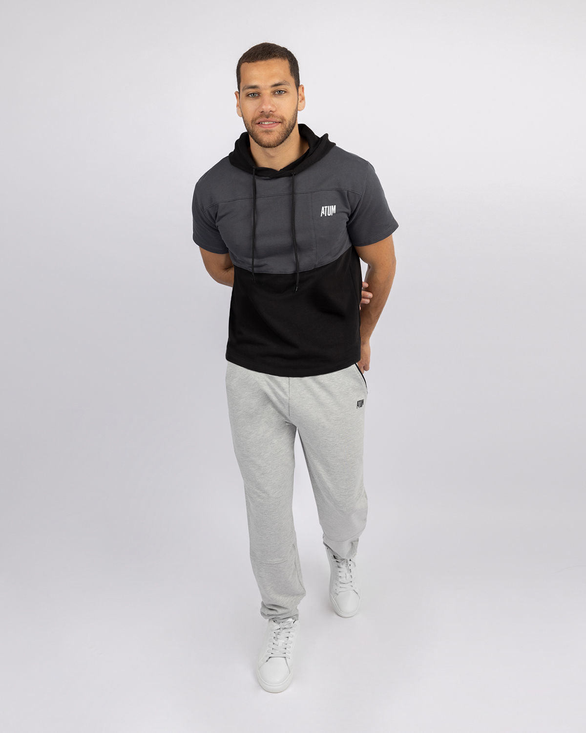 Half Sleeve Gray Hoodie-Atum -40617591