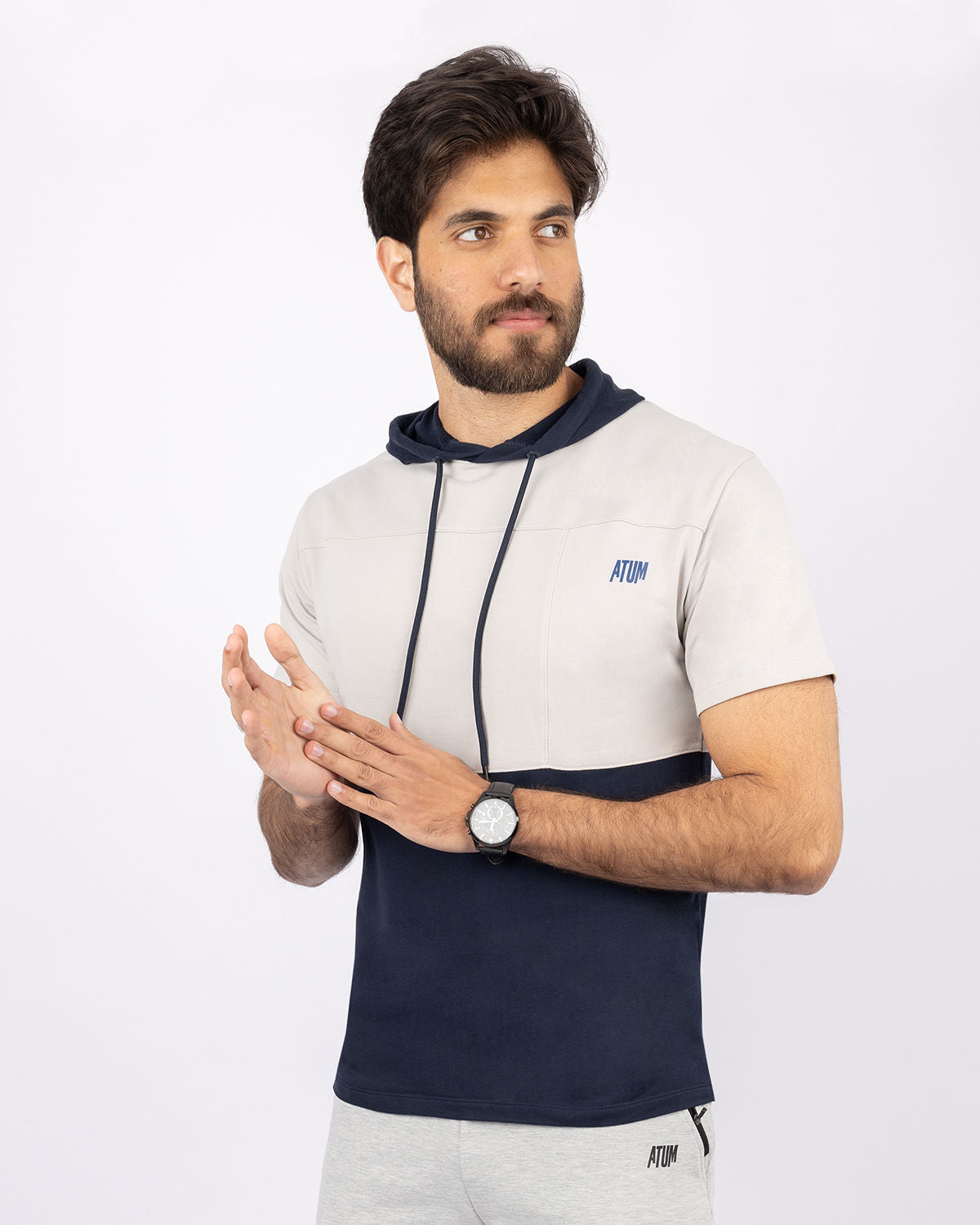 Half Sleeve Light Gray Hoodie-Atum -38954084