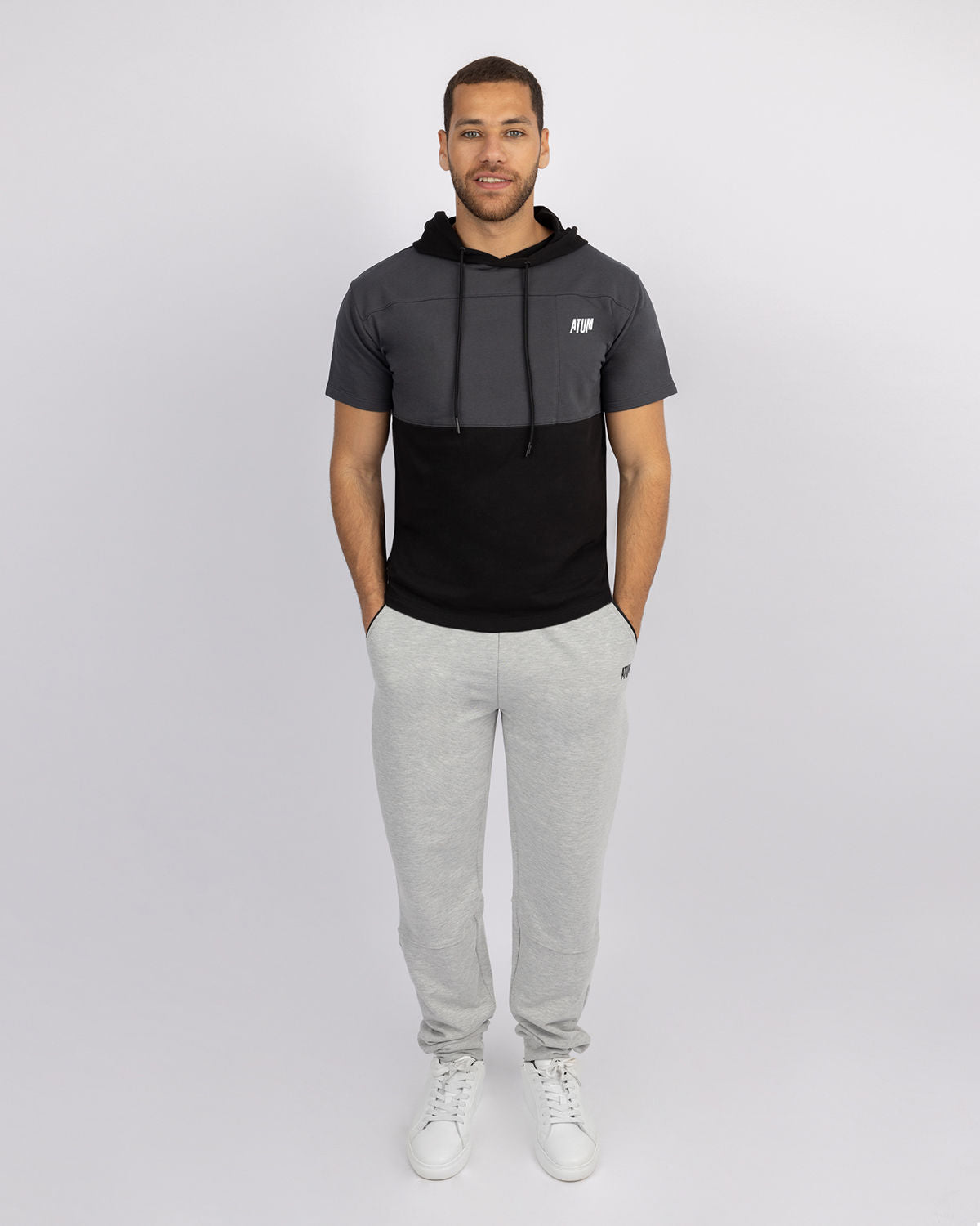 Half Sleeve Gray Hoodie-Atum -97982251