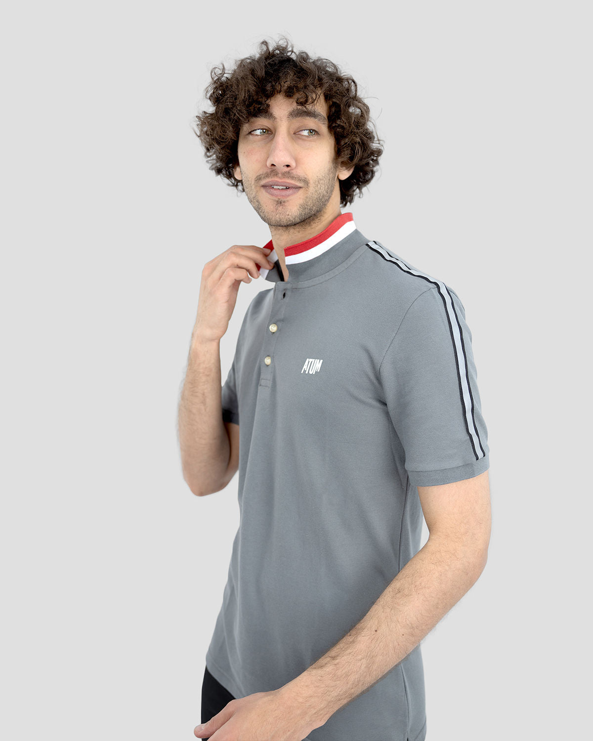 Stripped Neck Gray Polo Shirt-Atum -65143816