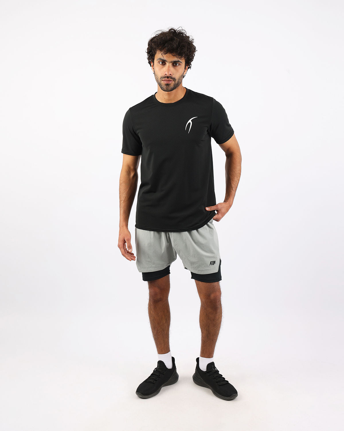 Crew Neck Short Sleeve Black Athletic Top-Atum -57099413