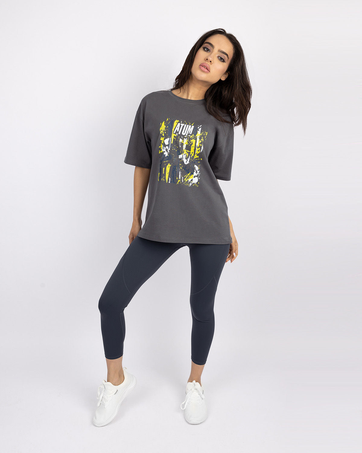 Oversize Printed Women's Gray T-Shirt-Atum -89389535