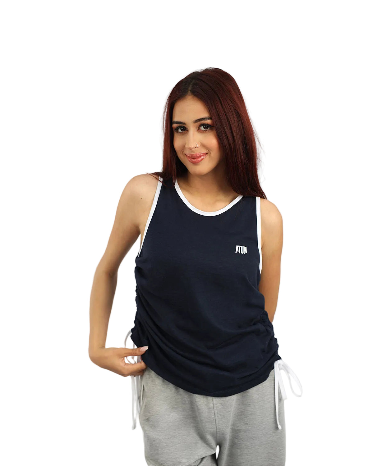 Woman wearing a black tank top with a logo on a white background