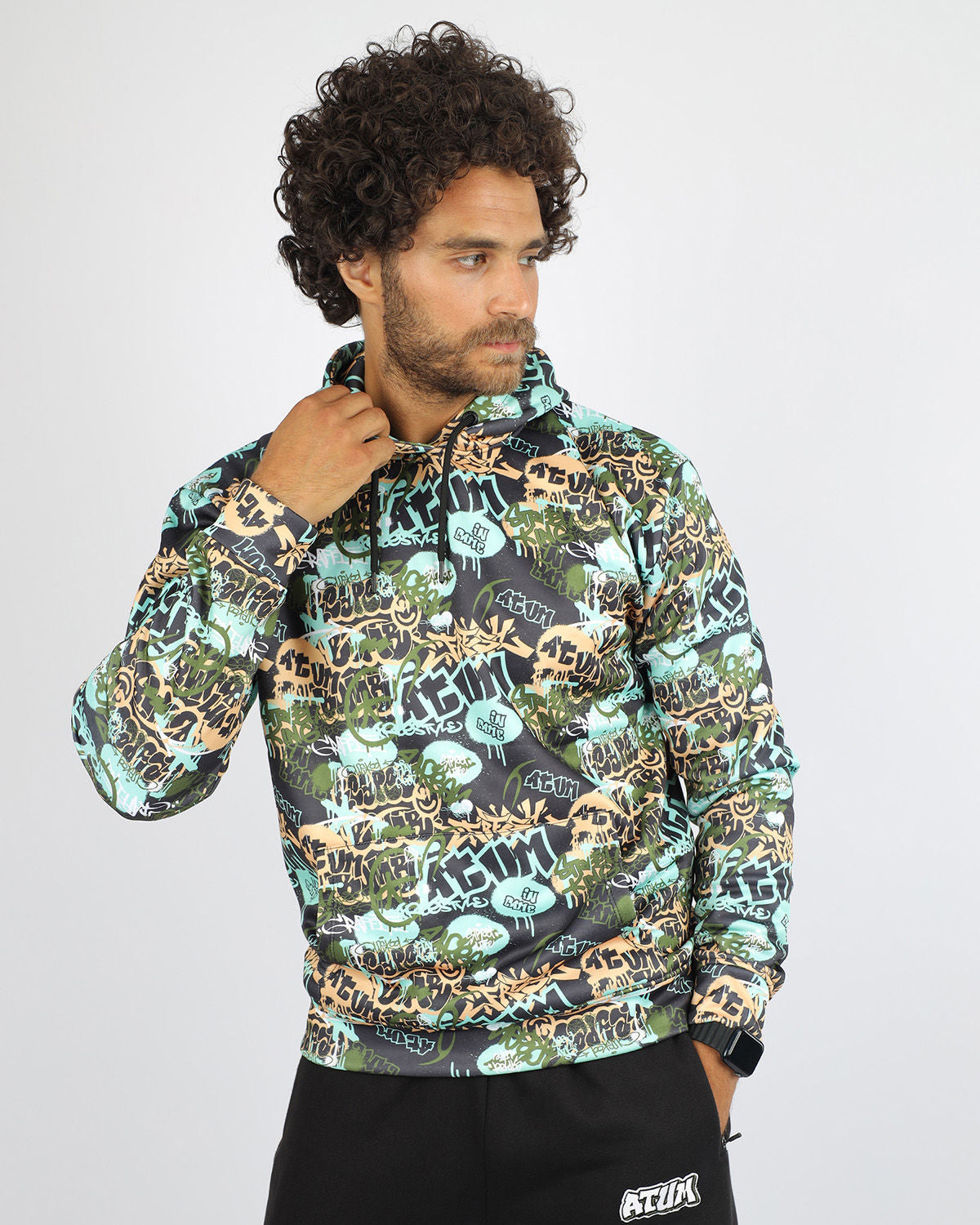 Allover Printed Black Hoodie-Atum -77527319